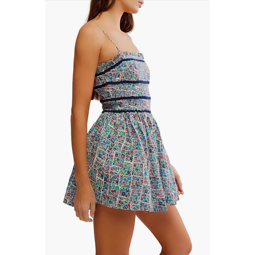 Free People Bali Checked Out Printed Romper XL Floral New NWT cotton Smocked - Picture 4 of 11